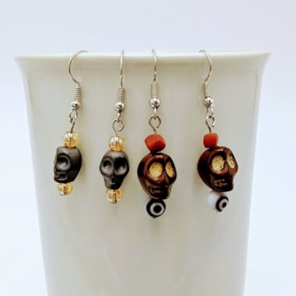 *SKULL EARRINGS* TWO PAIR*ONE PAIR HAS EVIL EYE BEAD*HAND CRAFTED* - Picture 2 of 4